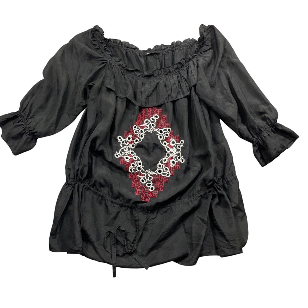 Ju's Black Embroidered Design 3/4 Sleeve 100% Silk Draw String (see measurements